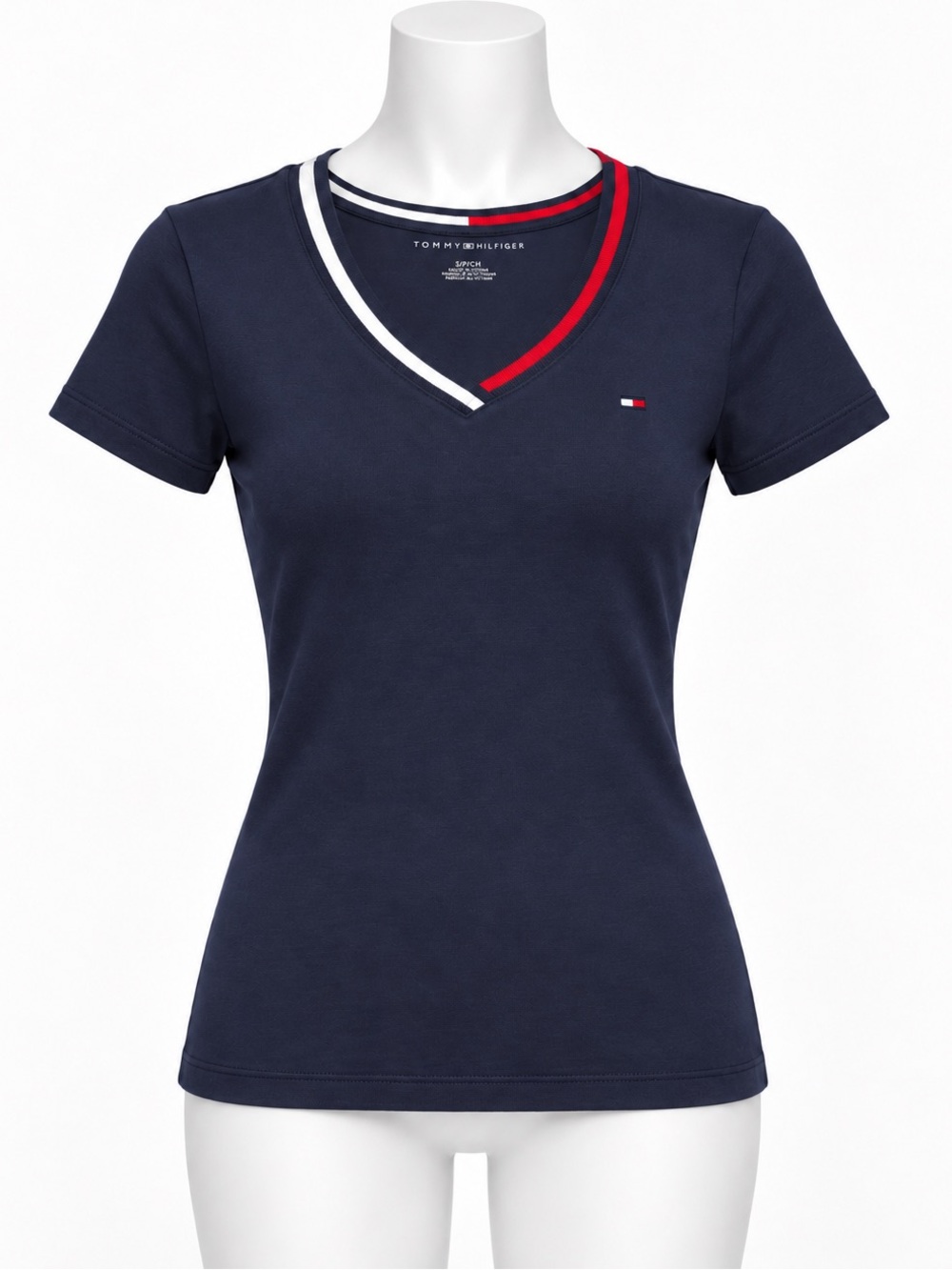 Tommy Hilfiger Navy V-Neck Short Sleeve Tee with Red and White Trim
